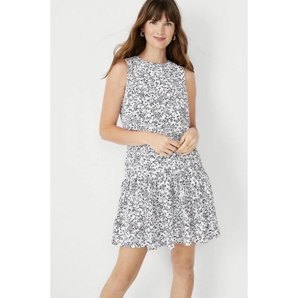 ANN TAYLOR Dress Sleeveless Pleated Short Work NEW White Floral Drop Waist 8P